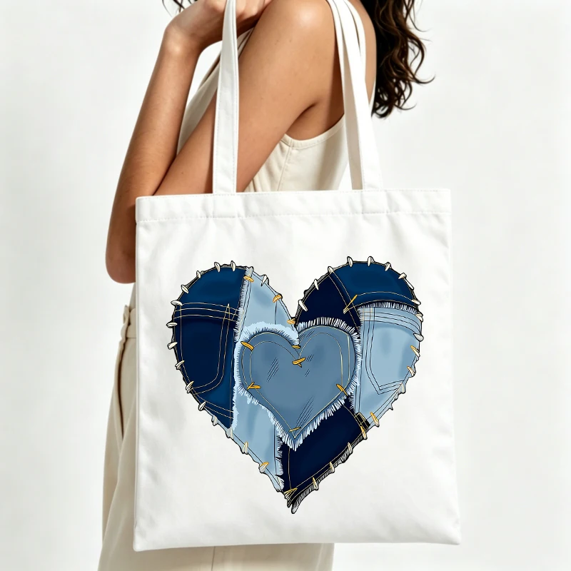 Women's denim patchwork heart canvas tote bag, vintage style for casual daily use and shopping outings