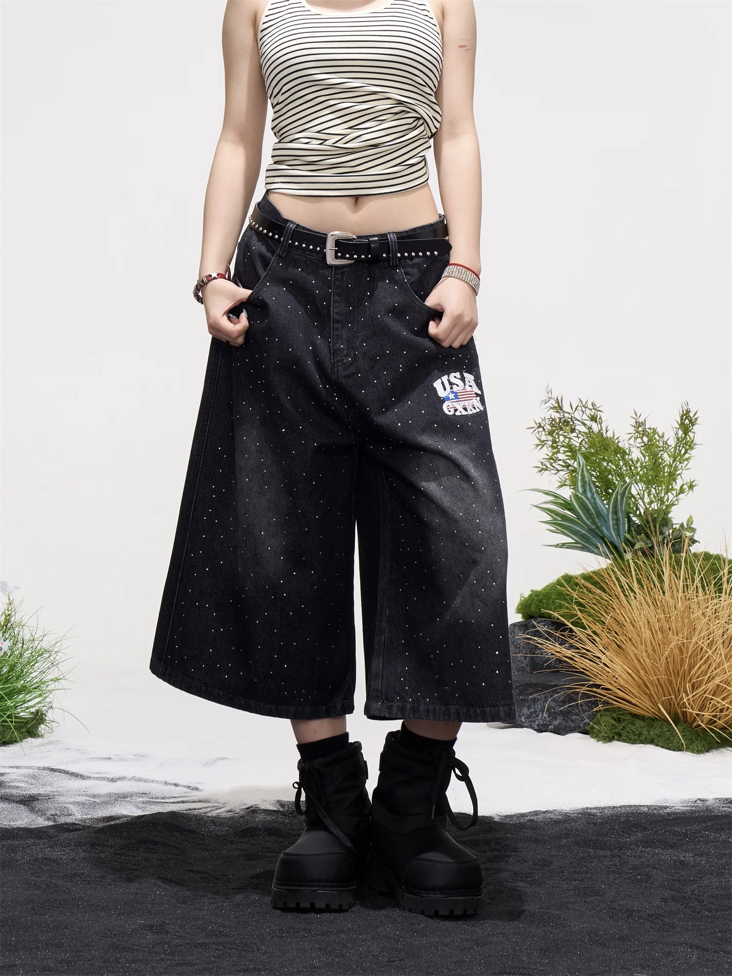 

Retro American Washed Embroidered Letter Wide Leg Seven-Foot Denim Jeans Women Summer Loose Slimming Trendy Pants