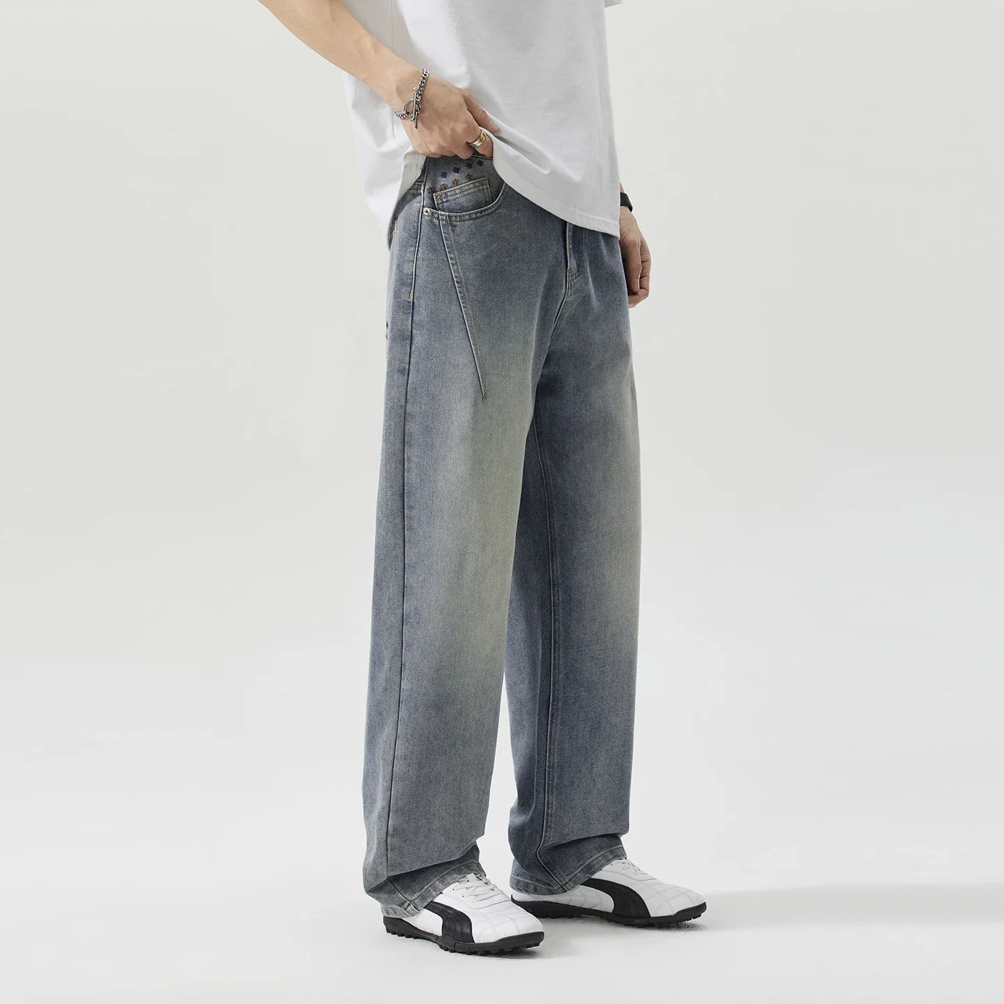 2026 Y2K New  Cool Men's Jeans Loose Wide-leg Retro American Big Bull Drape Floor Pants