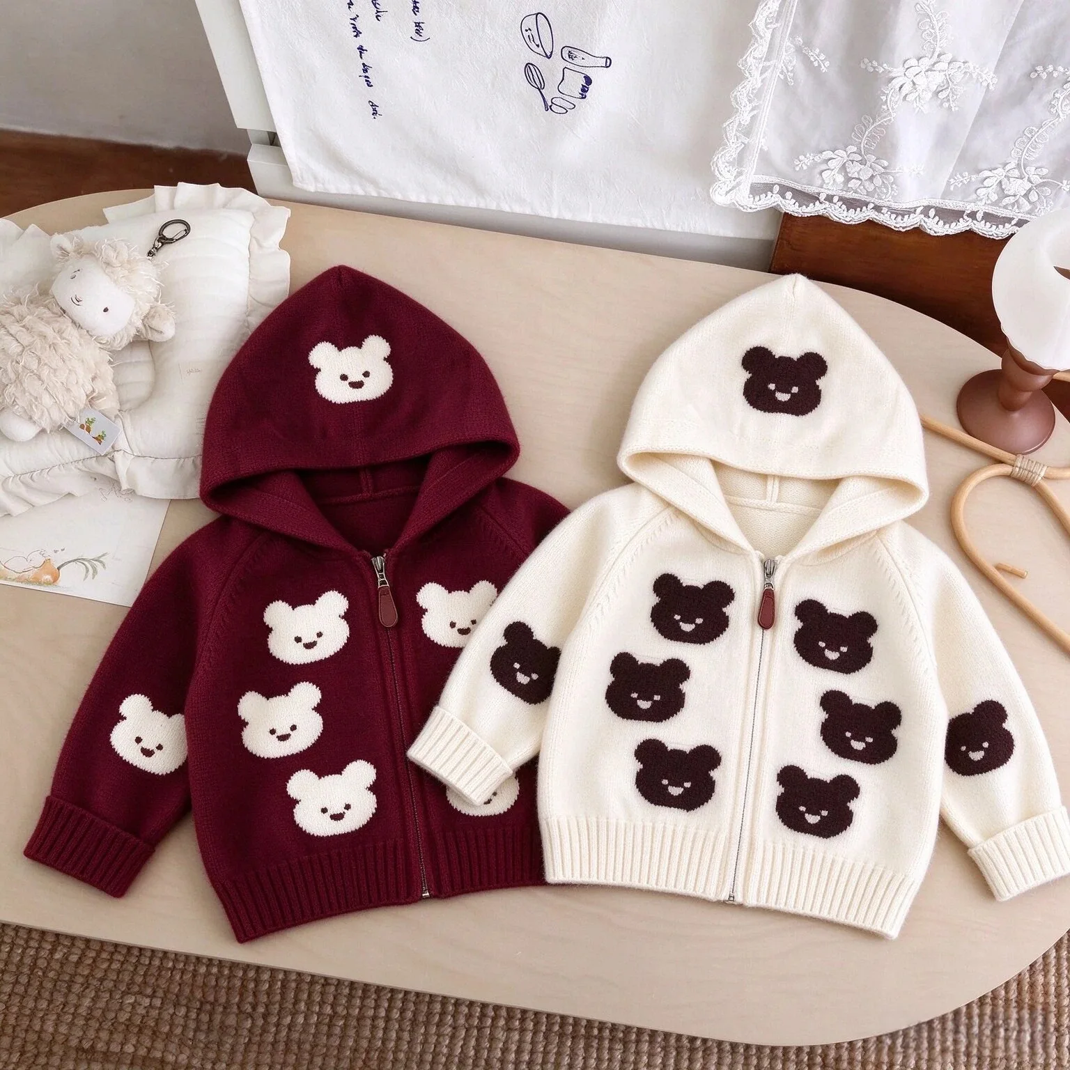 Playful All-over Bear Face Pattern Boys Girls Hooded Knit Cardigans Soft Yarn Knitting Jackets for Student Kids Outwear JY10062