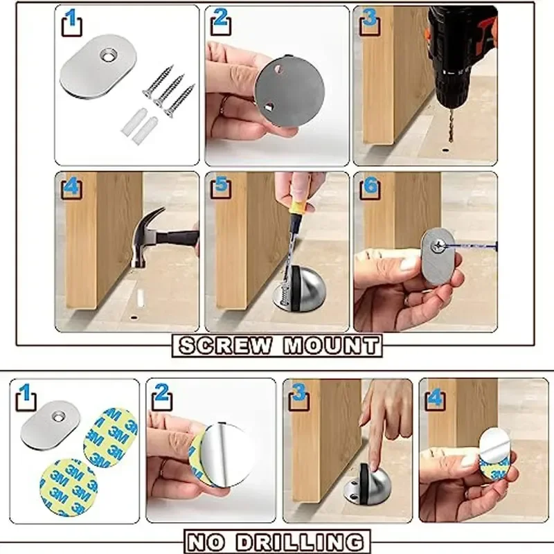 Stainless Steel Rubber Magnetic Door Stopper Non Punching Sticker Hidden Door Holders Floor Mounted Nail-free Door Stops