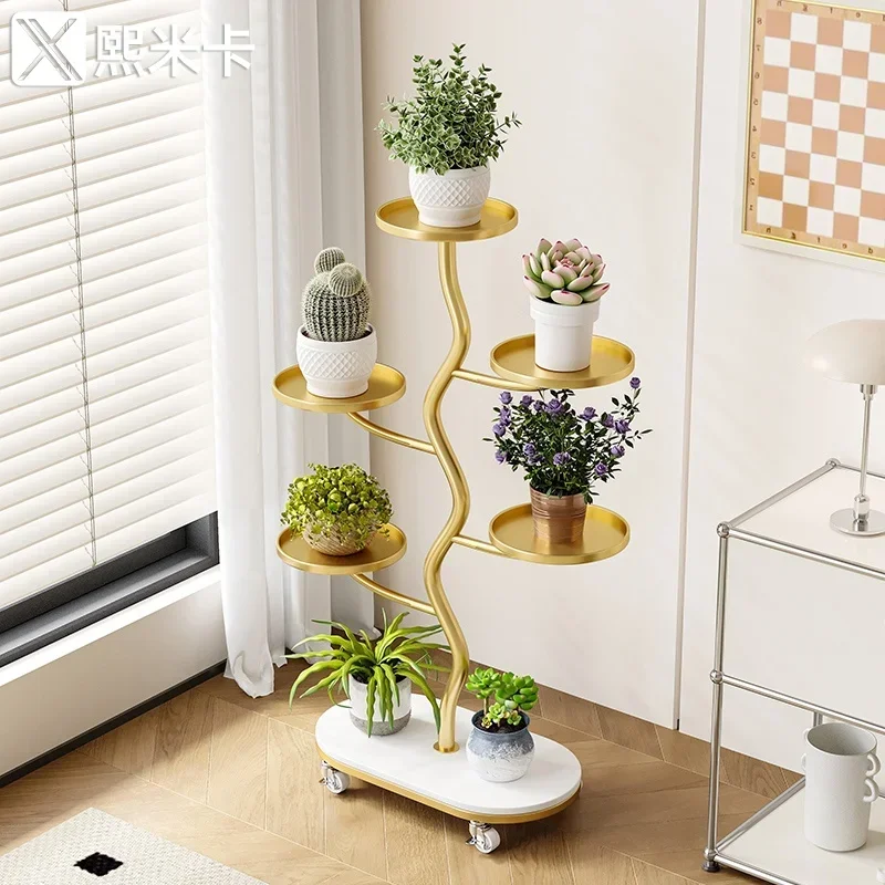 Light Luxury Flower Shelf Living Room Floor Mounted Mobile Balcony Shelf Flower Pot Plant Iron Flower Shelf