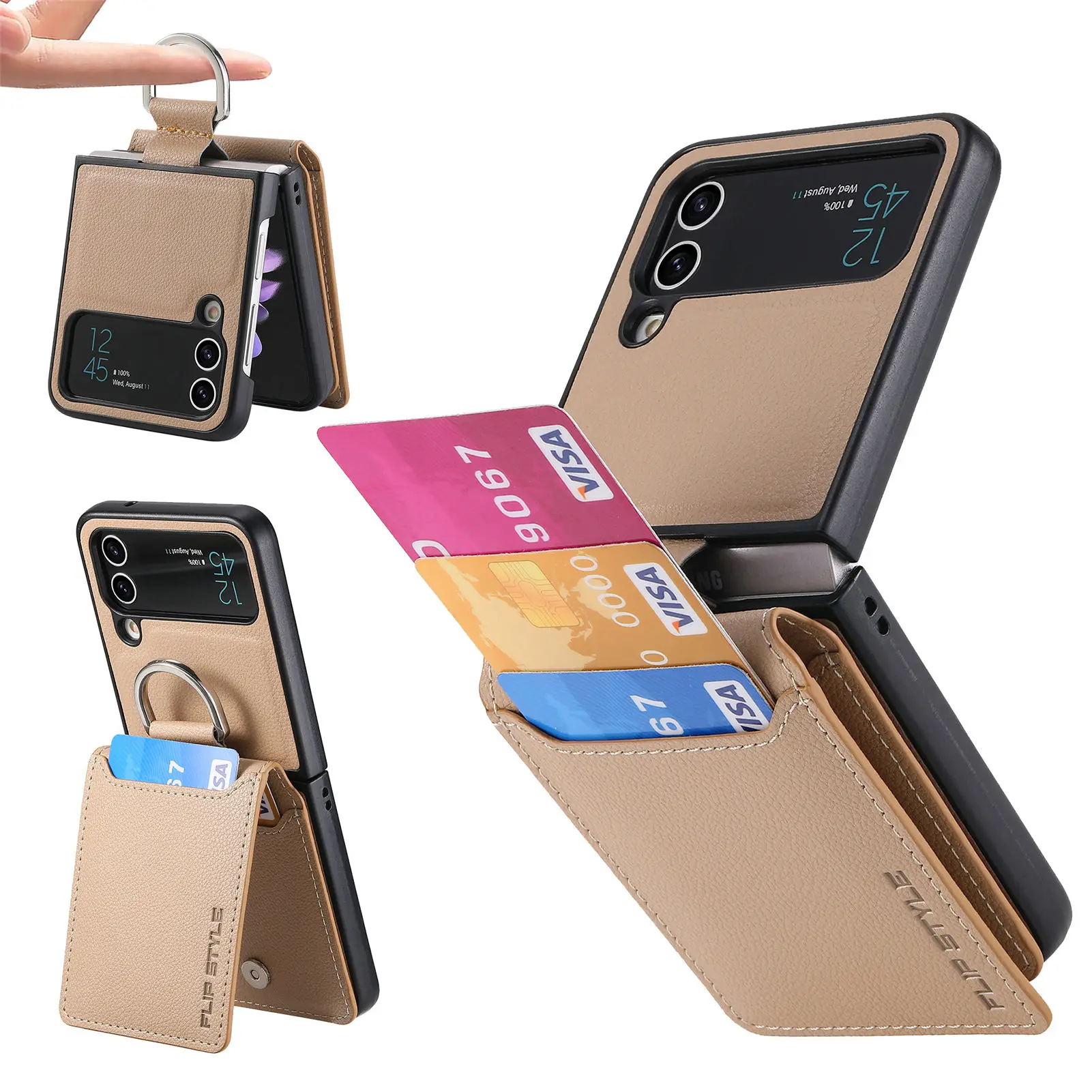 Vertical Cards Solt Magnetic Wallet Ring Holder Leather Case for Samsung Galaxy Z Flip 8 7 FE 6 5 4 Flip4 5G Zflip4 Stand Cover