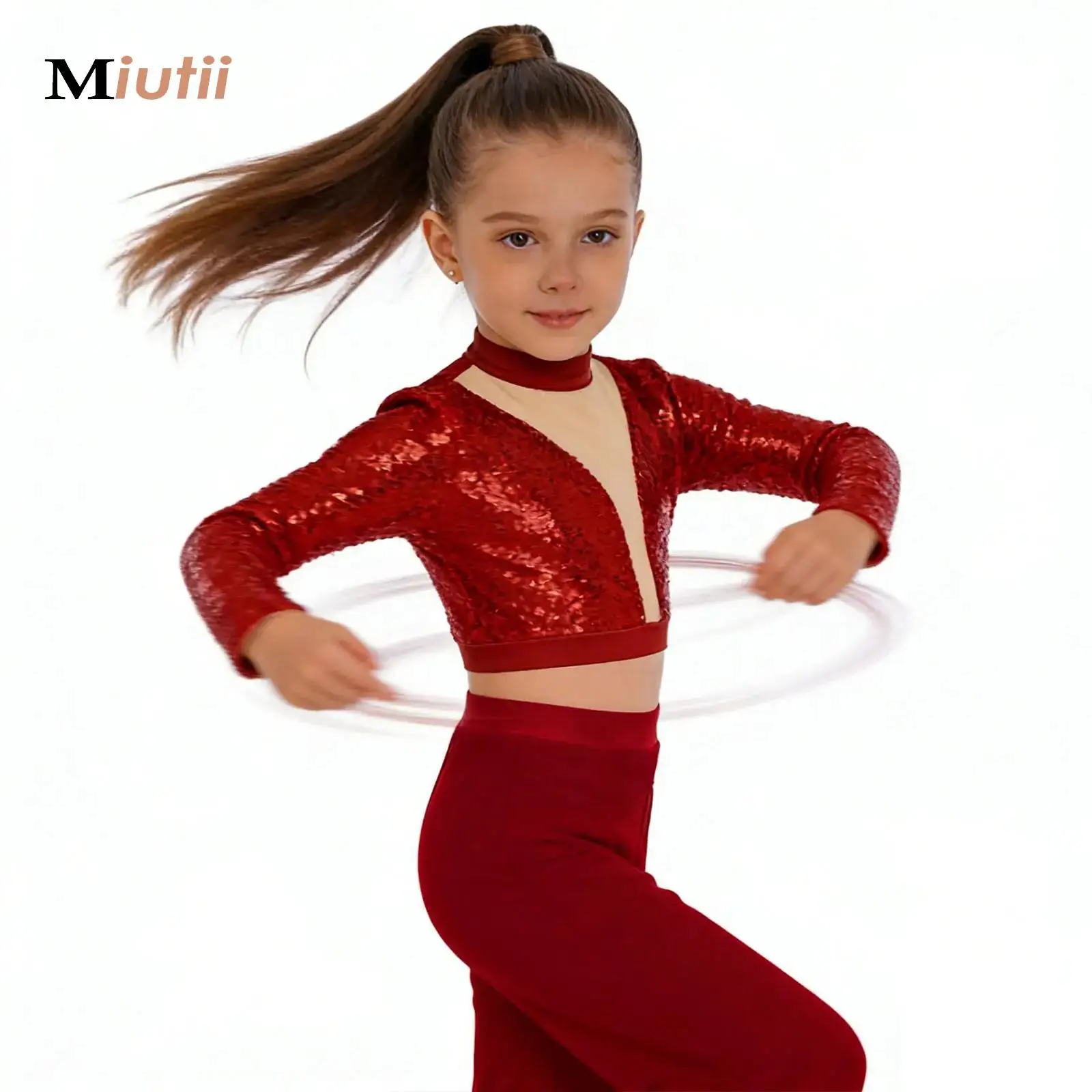 

Kids Girls Gymnastics Ballet Leotards Latin Dance Performance Costume Shiny Sequins Crop Top Long Sleeve Cutout Back Tshirts
