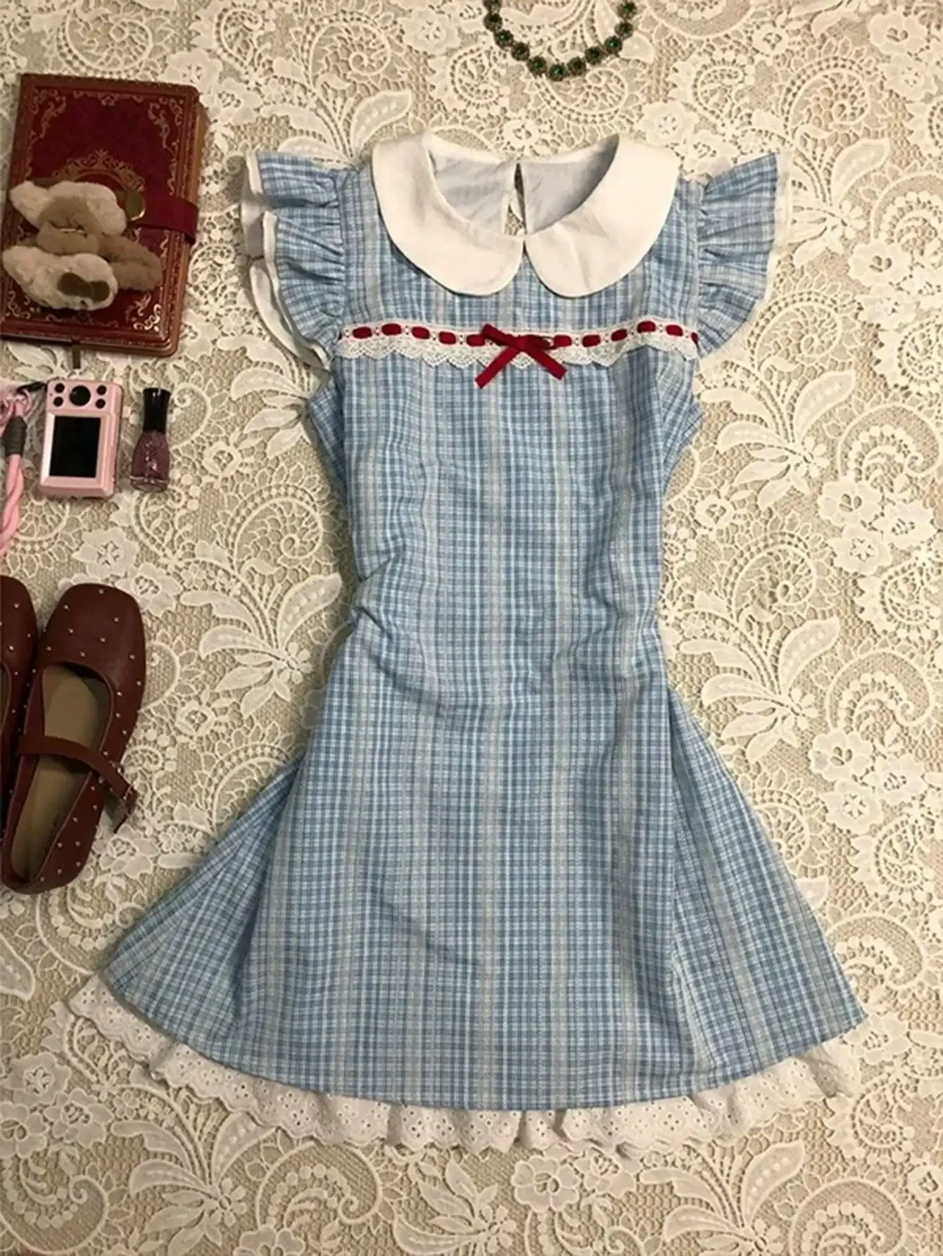 

Everyssa Retro Sweet Cap Sleeve Peter Pan Collar Plaid Contrast Lace Trim Mini Dress For Women