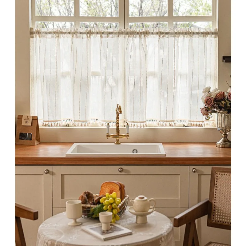 New American Vertical Striped Linen Cabinet Cover Curtain, Kitchen Coffee Short Curtain, Door Curtain