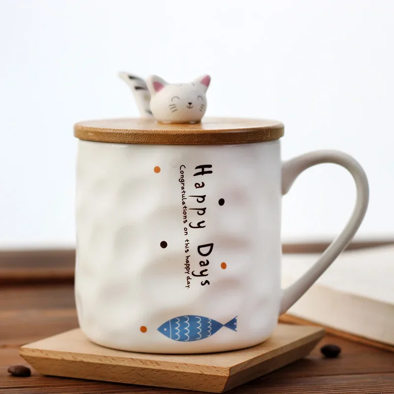 

Japanese Cute Cat Cartoon Creative Ceramic Cup with Lid and Spoon Simple Milk Cup Children's Breakfast Mug Coffee Mugs