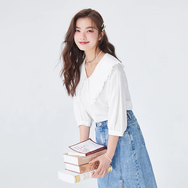 Semir Women Shirt Middle-sleeve Shirt Autumn New Easy-care White Gentle Stringy Selvedge Large Lapel Collar Clothes Shirt