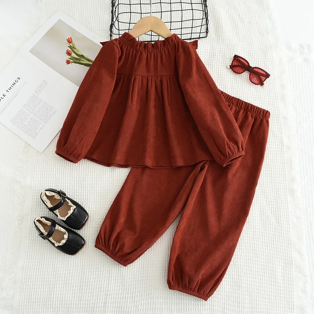 Autumn Promotion Red Lace Long Sleeved Pullover and Pants Two-piece Set for Girls Aged 6-7 for Daily Wear