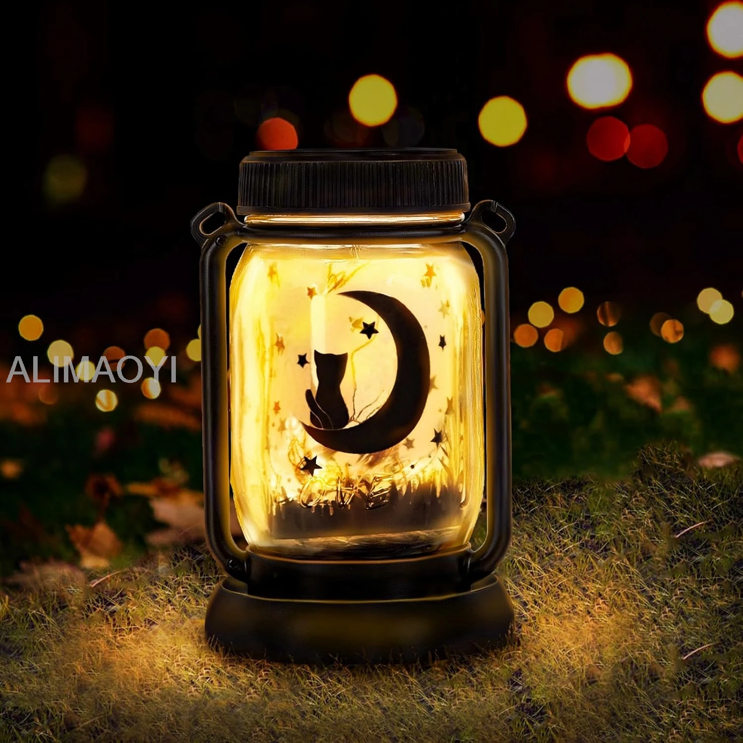 Styleonme Decor Mobile Outdoor Solar Lanterns, Cat & Moon Fairy Lights Theme Garden, Mason Jar Solar, Gifts for Women M Alu sign
