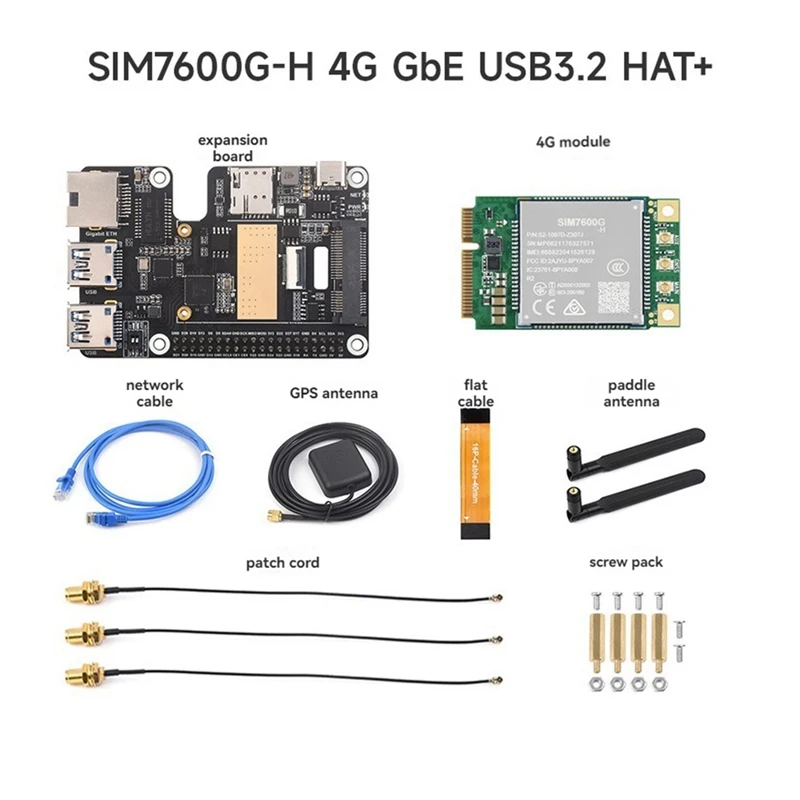 For Raspberry Pi 5 Pcle To Minipcle Gbe USB3.2 HAT+ Gigabit Ethernet+SIM7600G-H 4G Module Supports Minipcie