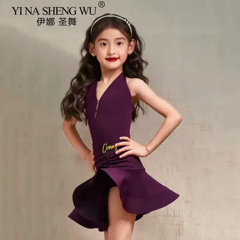 Vestito da ballo latino per ragazze Gonna arricciata con scollo all'americana viola senza maniche Bambini Salsa Rumba Cha Cha Costume da competizione per bambini