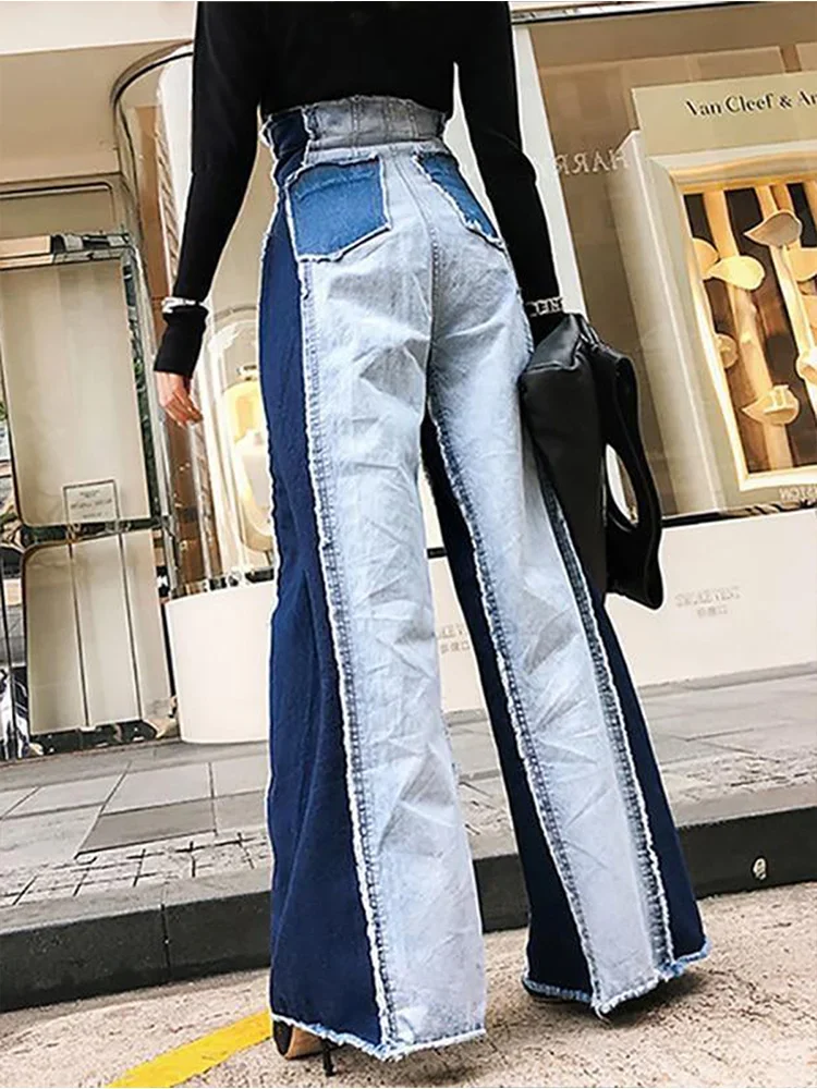 Women High Waist Jeans Patwork Vintage Streetwear Denim Pants Casual Colorblock Patchwork Raw Trim Wide Leg Denim Jeans Trousers