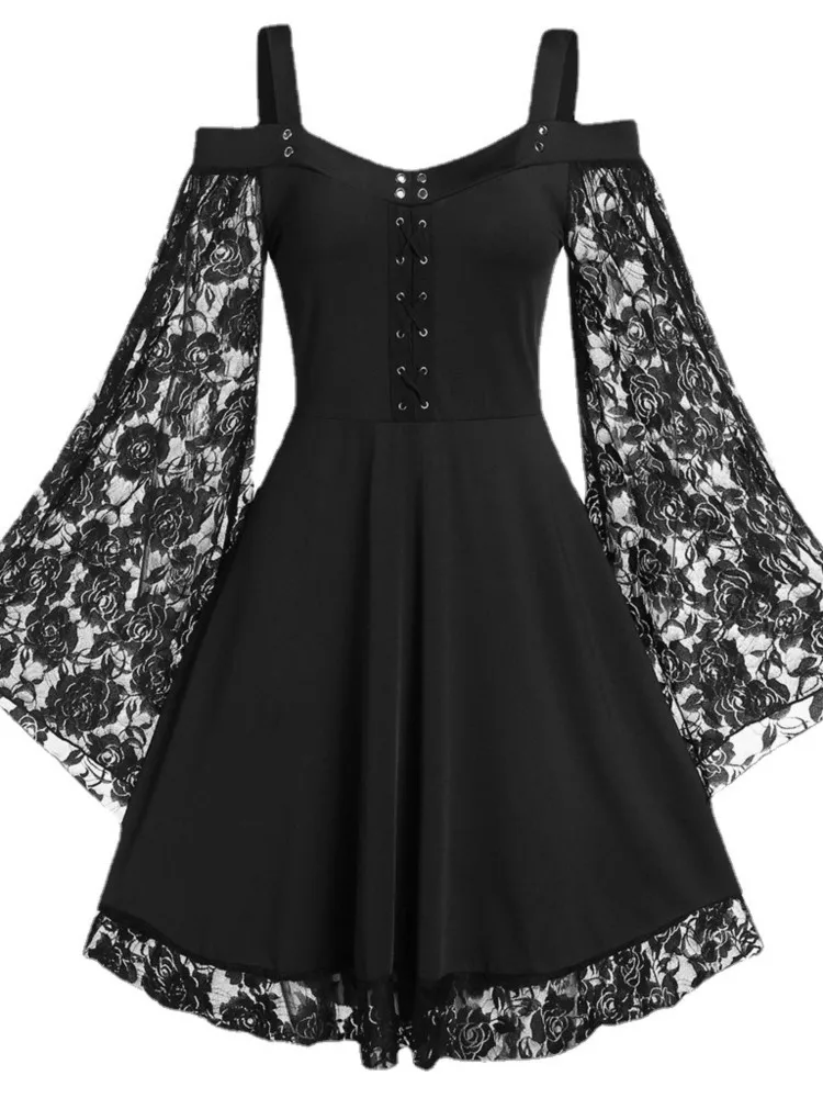 

Fashionable Gothic Mid Length Dress With One Shoulder Flared Sleeves Lace Patchwork Artistic Retro Suspender Dress Women's Wear