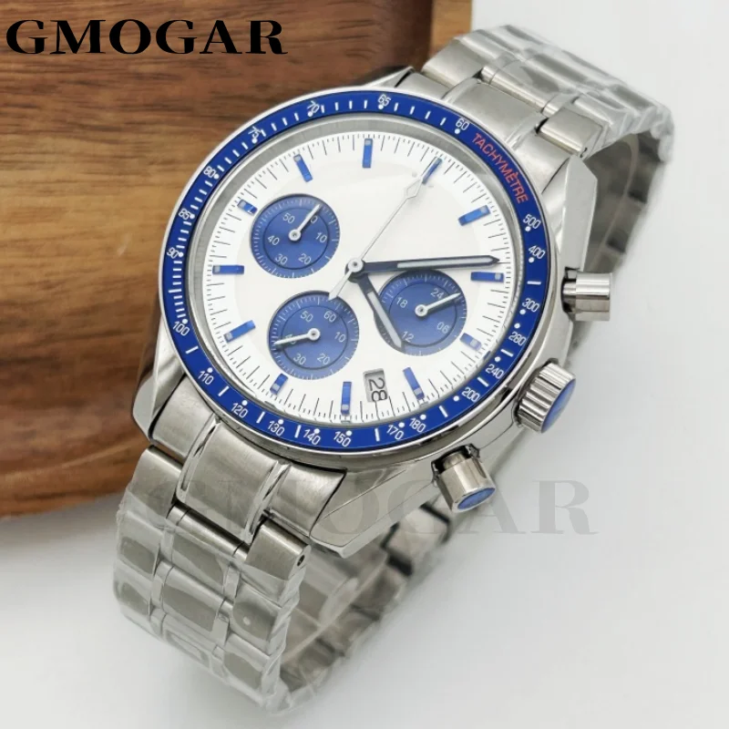 

Fashion Men GMOGAR Calendar Chronograph Watch Stainless Steel Watch Japan VK63 Quartz Watch Movement Moon Blank Bottom Cover