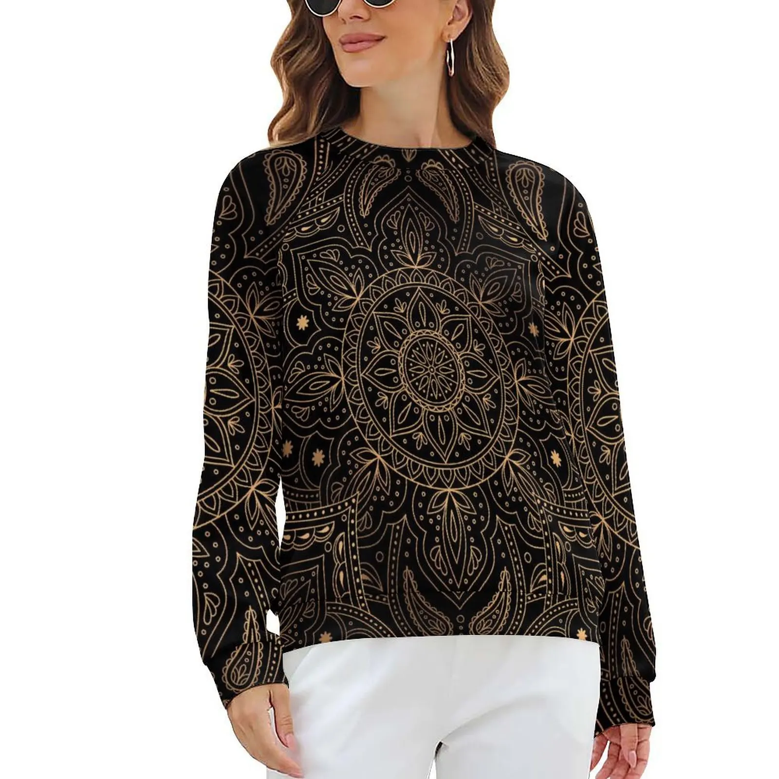 

Gold Paisley Hoodies Female Mandala Print Classic Casual Hoodie Long Sleeve Cool Printed Tops Large Size 2XL 3XL