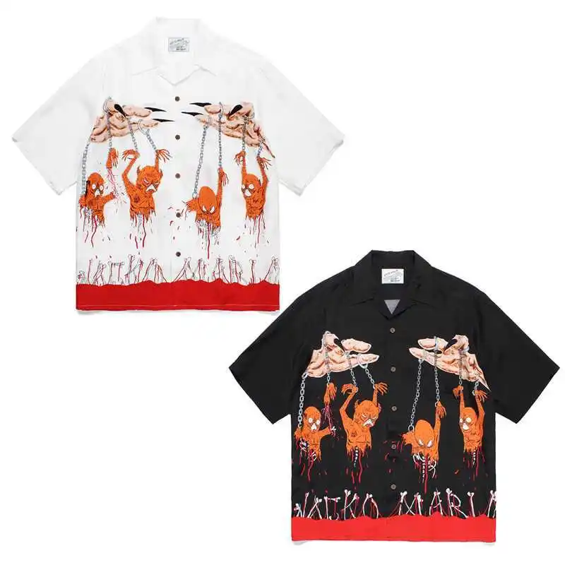 Wacko Maria bizarre graffiti-printed casual shirt with loose fit featuring a Hawaiian vacation style short-sleeved t-shirt