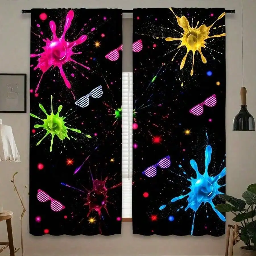 Neon Party Curtain, 80s Retro Paint Splatter Blackout Curtains, Disco Sunglasses Print Drapes, Glow Theme Decor, 2 Panels