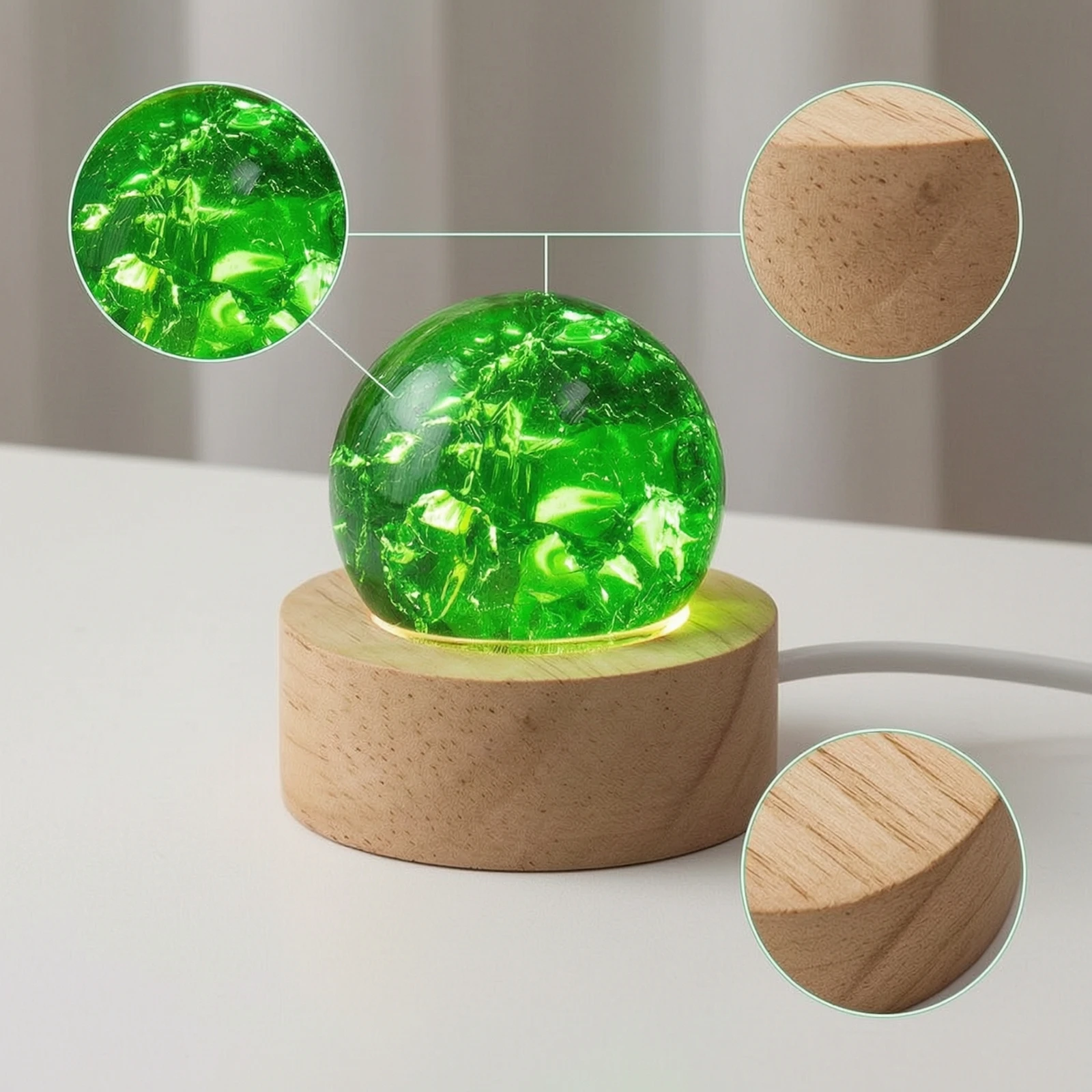 Crystal Sphere Light with Wooden Base Decorative Tabletop Ambient Lamp Decoration Cracked for Bedside Table, Desktop