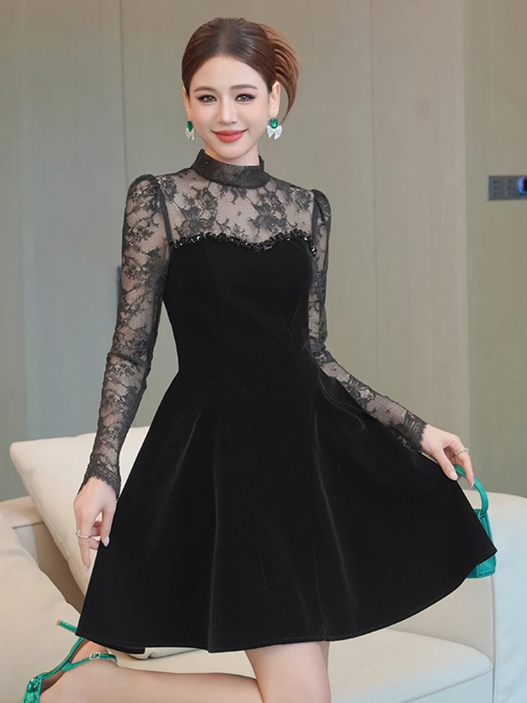 وهمية 2 قطعة الأسود مساء ملابس حريمي الدانتيل شير مثير كم طويل سليم ألف خط فستان قصير أنيق سيدة حفلة عيد ميلاد Vestido