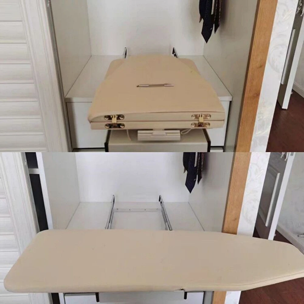 

Telescopic, foldable, and rotatable ironing board with pull-out storage inside the cabinet