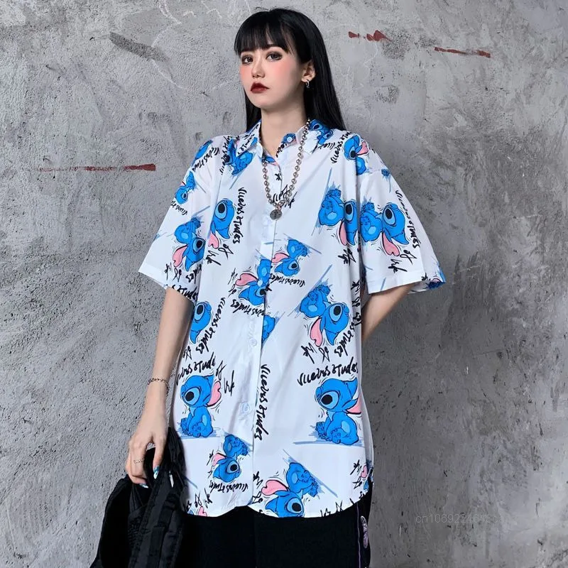 Disney stitch camisa de manga curta feminina 2025 nova edição coreana bf harajuku estilo solto gola polo topo na moda blusa versátil