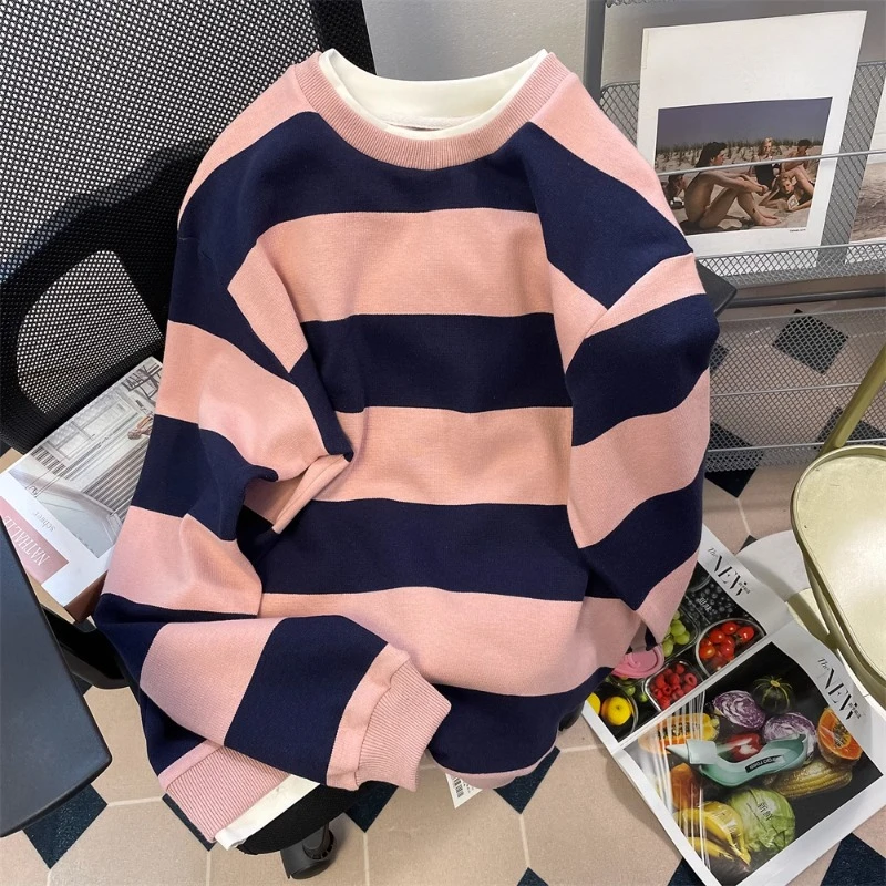 

EBAIHUI Women Pink Sweater Vintage Fake Two Piece Striped Ladies Sweatshirt Spring Autumn Chic Hong Kong Style Long Sleeve Top