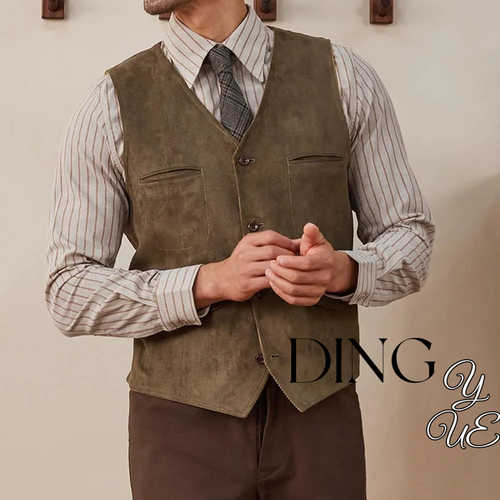 Mens Suede Leather Suit Vest Western Cowboy Casual Single Breasted Punk Style Waistcoat