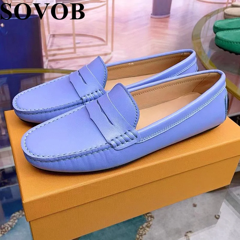 

New Spring Summer Genuine Leather Retro Flat Shoes Women's Round Toe Versatile Loafers Daily Casual Driving Shoes Bean Shoes