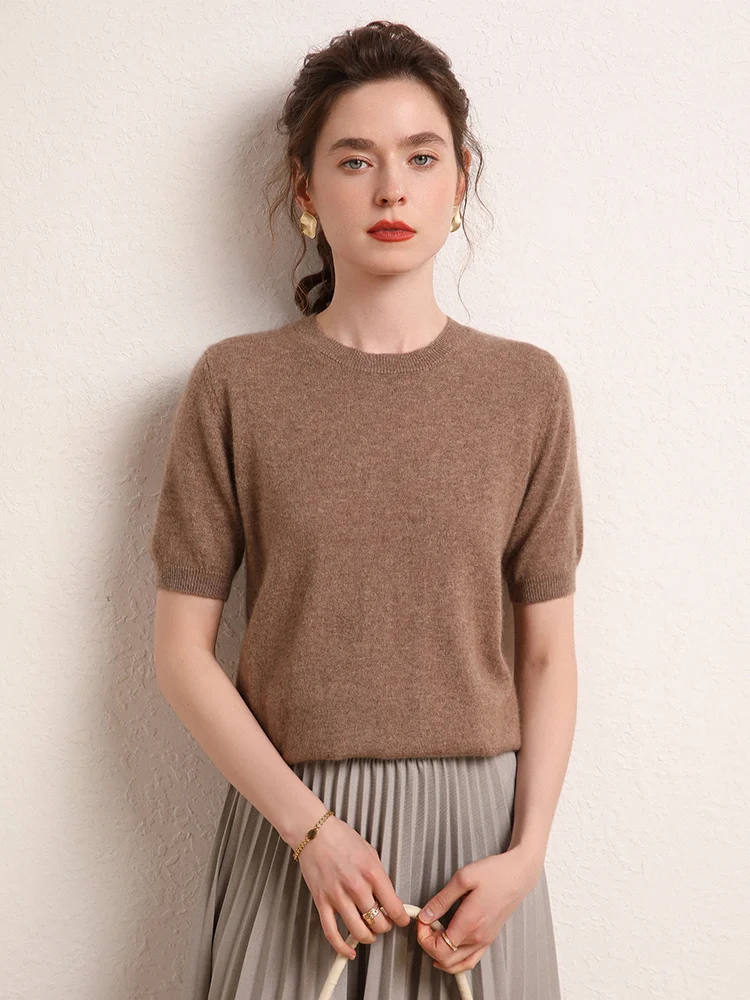 ADDONEE Women Cashmere T-shirt O-neck Short Sleeve Pullover Sweater For Spring Summer 100% Cashmere Knitwear Female Basic Cloth