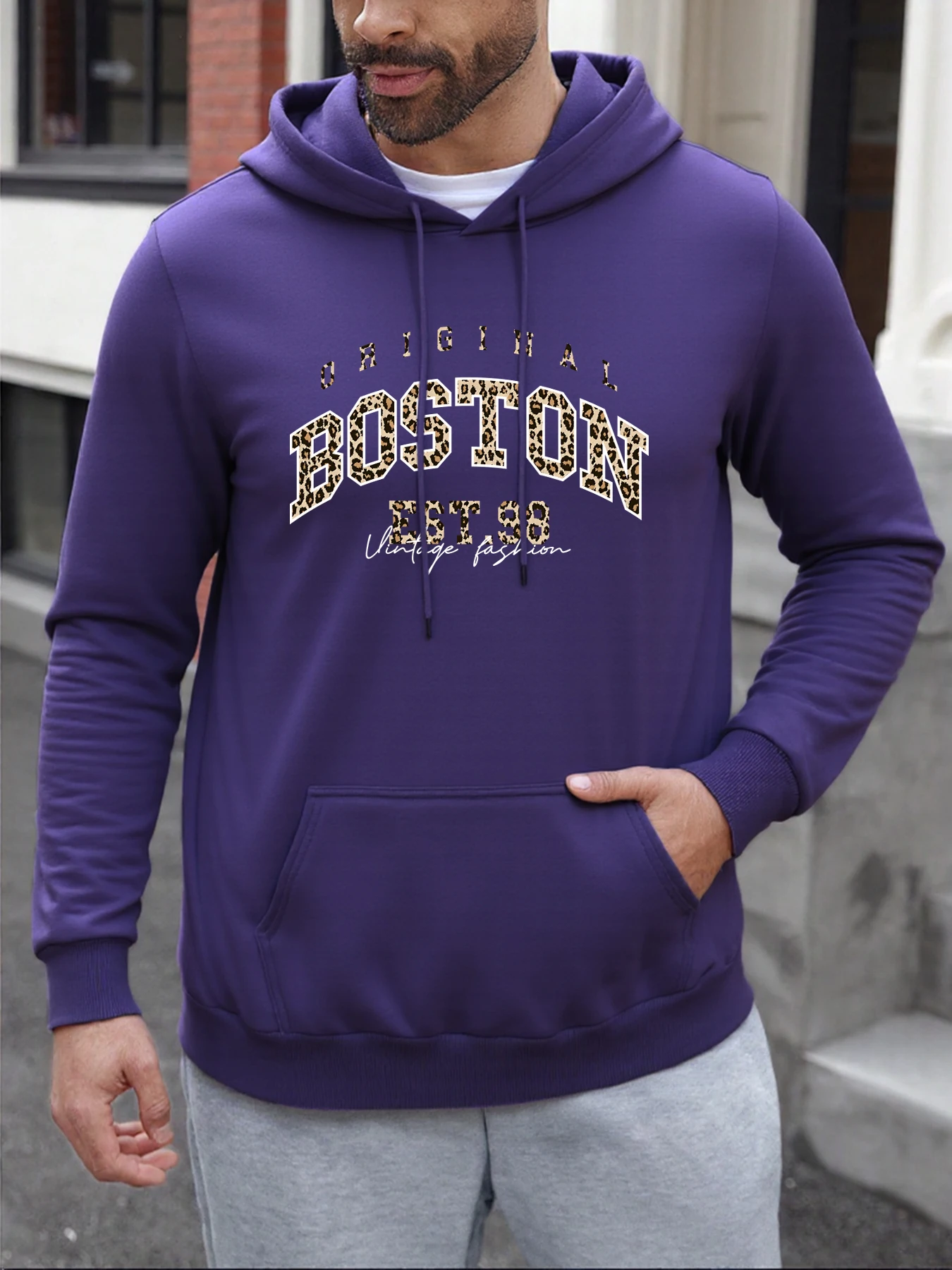 Boston Est Herren-Kapuzenpullover mit Leopardenmuster, trendige Herbst-warme Pullover, lässige Basics-Kleidung, Unisex, lockere Sportbekleidung
