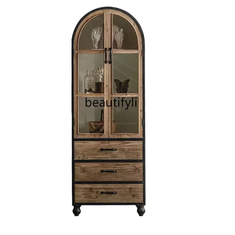

xzzFrench Retro Solid Wood Distressed Glass Display Cabinet B & B Entrance Cabinet Arch Wall Wine Locker Bookcase