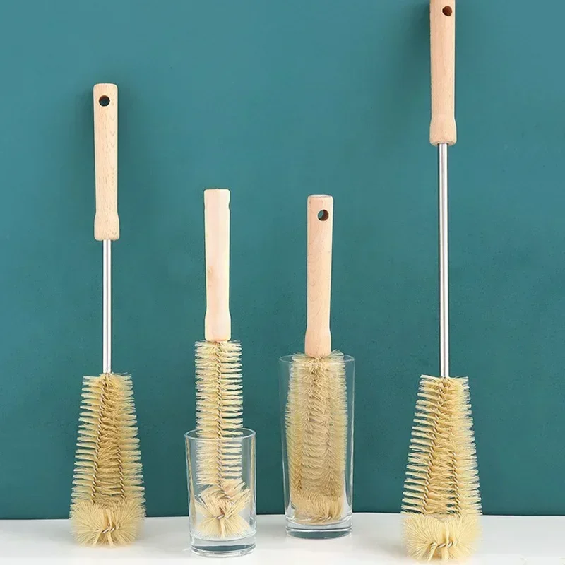 Nettoyeur de brosse de bouteille avec long manche en bois, brosse de livres d'eau, brosse de gIslande de cuisine à poils naturels, cruche de tasse