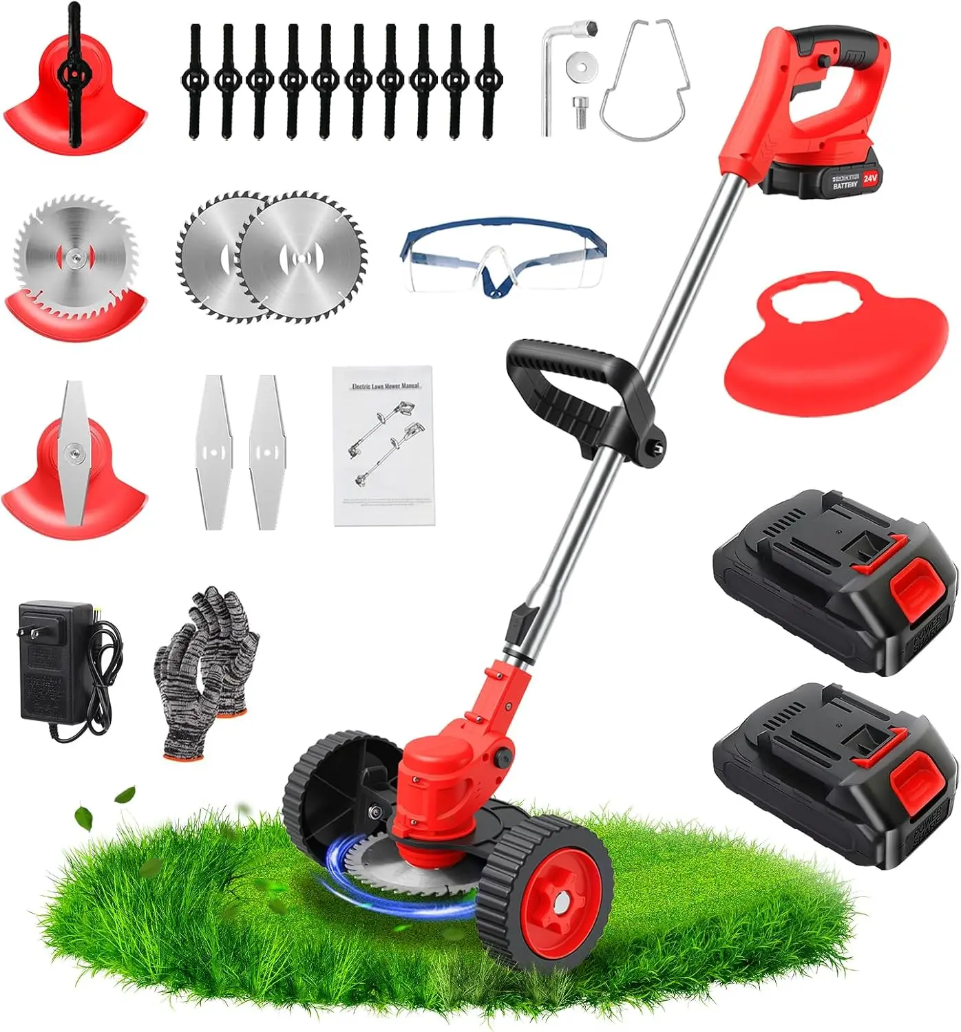 24V Electric Weed Wacker with Wheels, Grass Trimmer Cordless