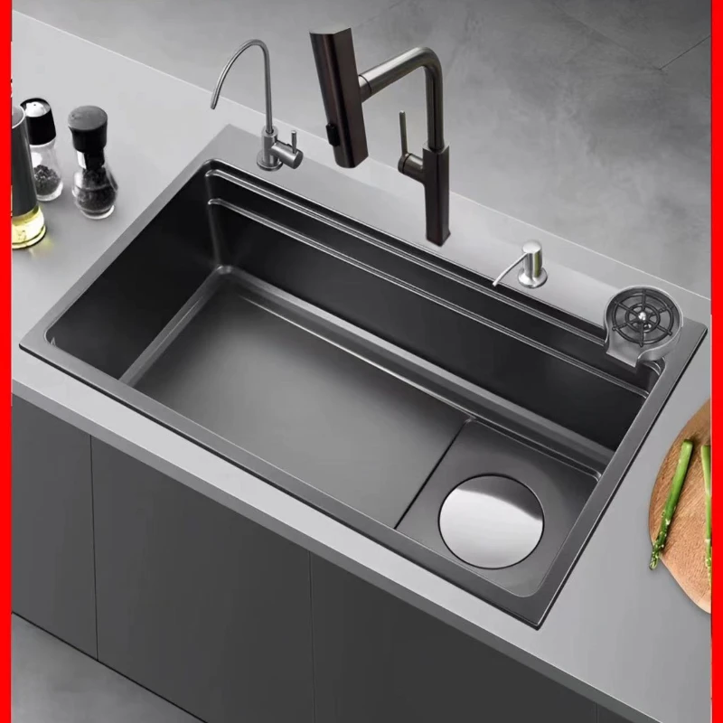 Fregadero de acero inoxidable, lavabo escalonado de una sola ranura, nano cristal negro, grano de mijo en relieve para lavar verduras