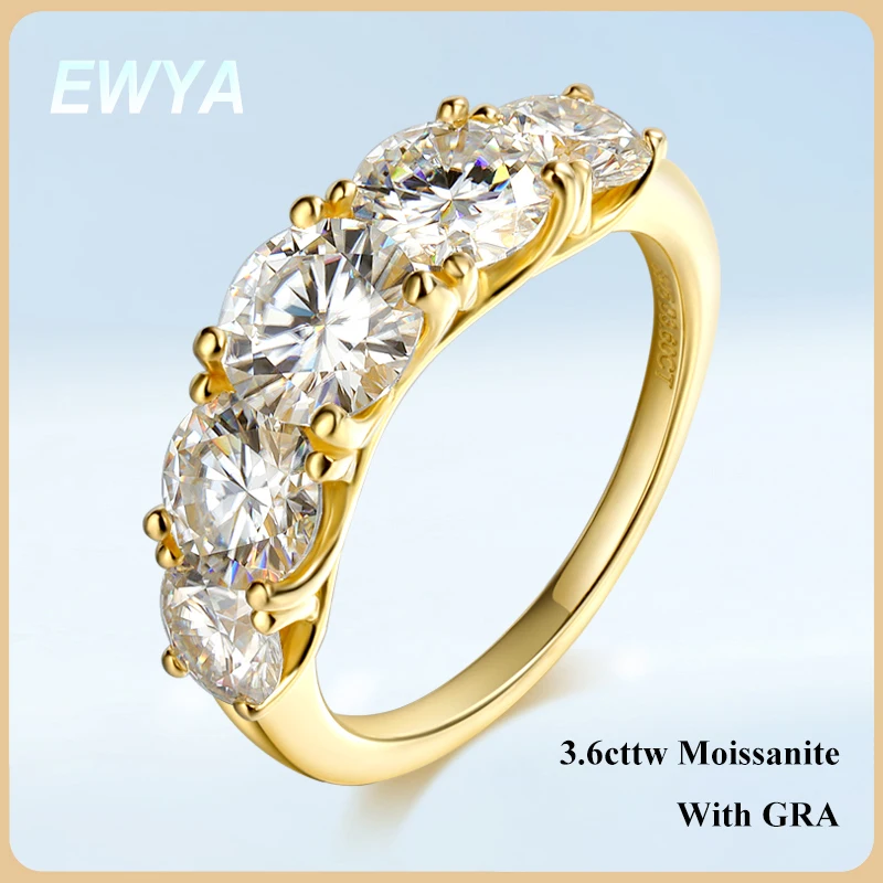 

EWYA 5-Stone 3.6cttw Full D Color Moissanite Ring 925 Silver Plated 18k Gold for Women GRA Certified Wedding Party Rings Band