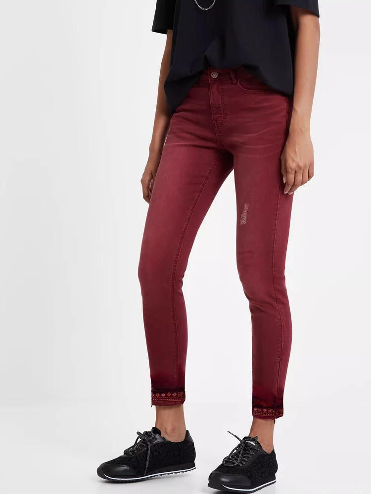 

Эластичные джинсы с вышитым краем, цвета винно-красный, из хлопкового стрейч-денима, для женщин, на весну, осень, зиму