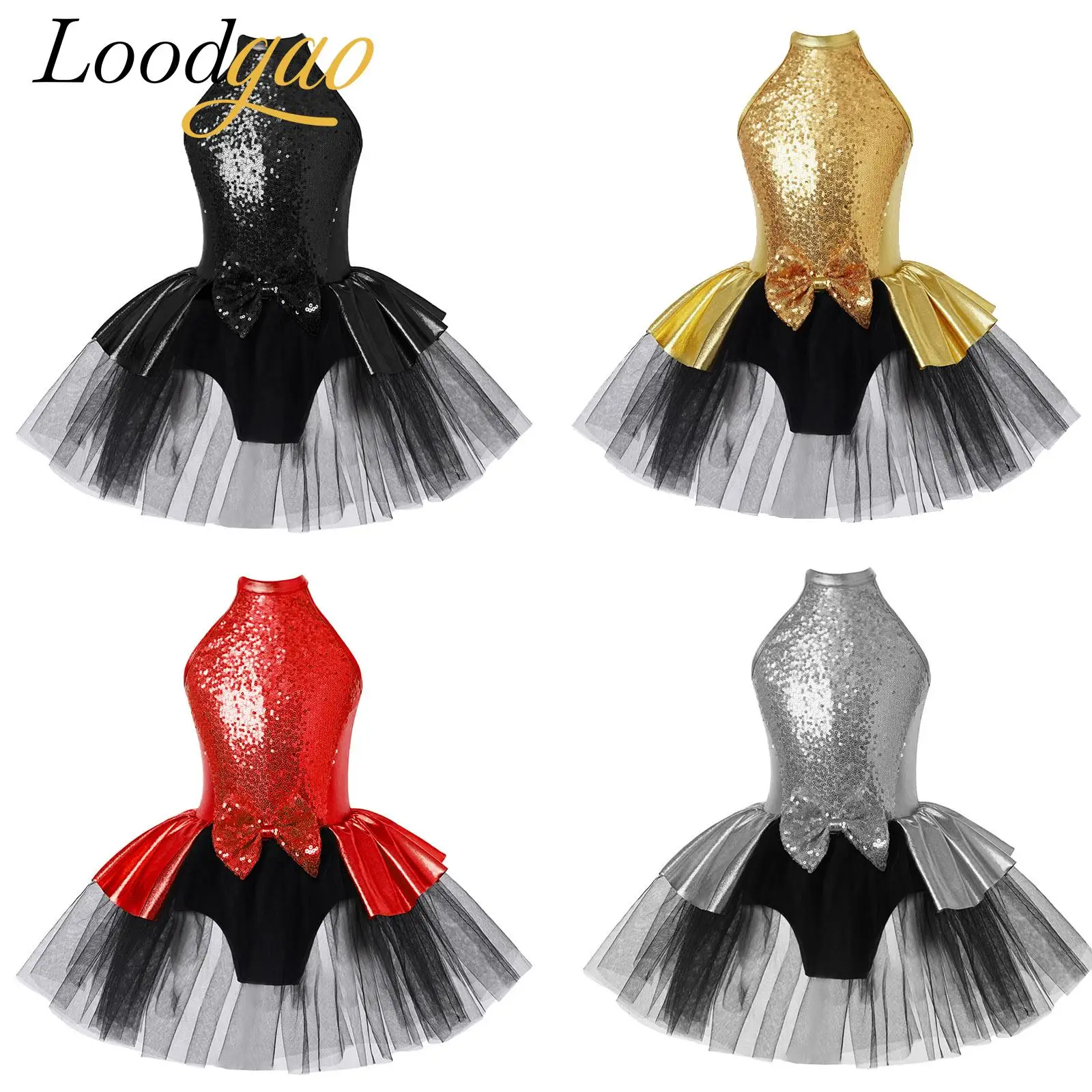 

Kids Girls Ballet Dress Jazz Modern Dance Dress Metallic Sequins Bowknot Tutu Gymnastic Leotard Performance Festival Costume