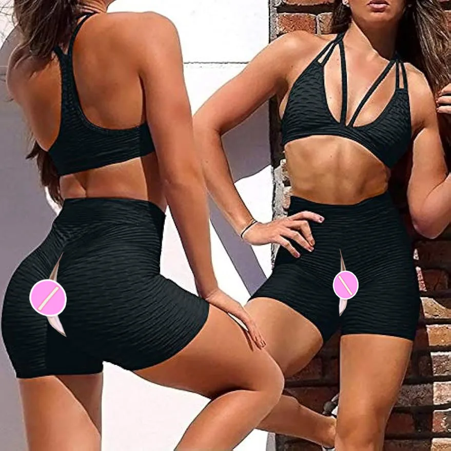 

Open Crotch Women Bubble Hip Butt Lifting Yoga Shorts High Waist Workout Leggings Squat Proof Sports Capris Tummy Control Tights