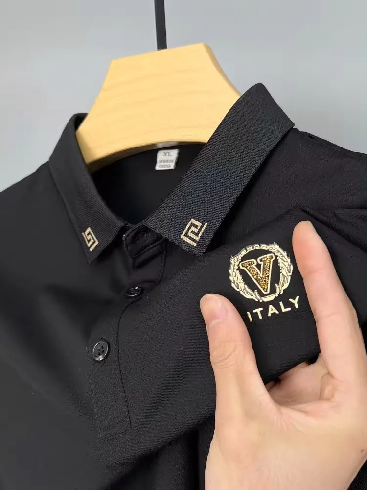 High end luxury brand short sleeved POLO shirt men's summer fashion hot diamond embroidery casual ice silk breathable T-shirt