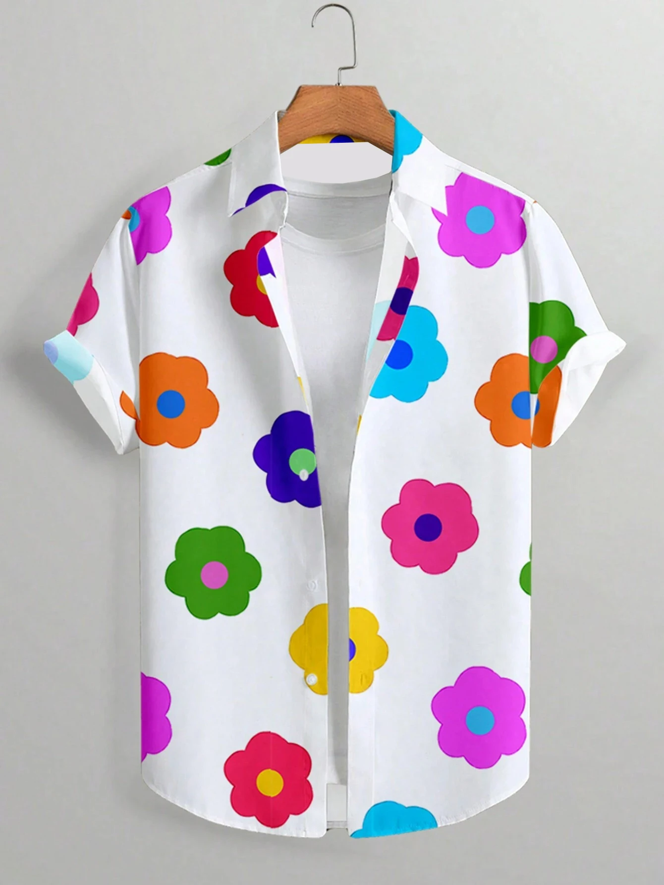 

Summer Full Flower Print Hawaiian Vacation Shirt Short Sleeve Men's Casual Lapel Collar Women's Button Shirts