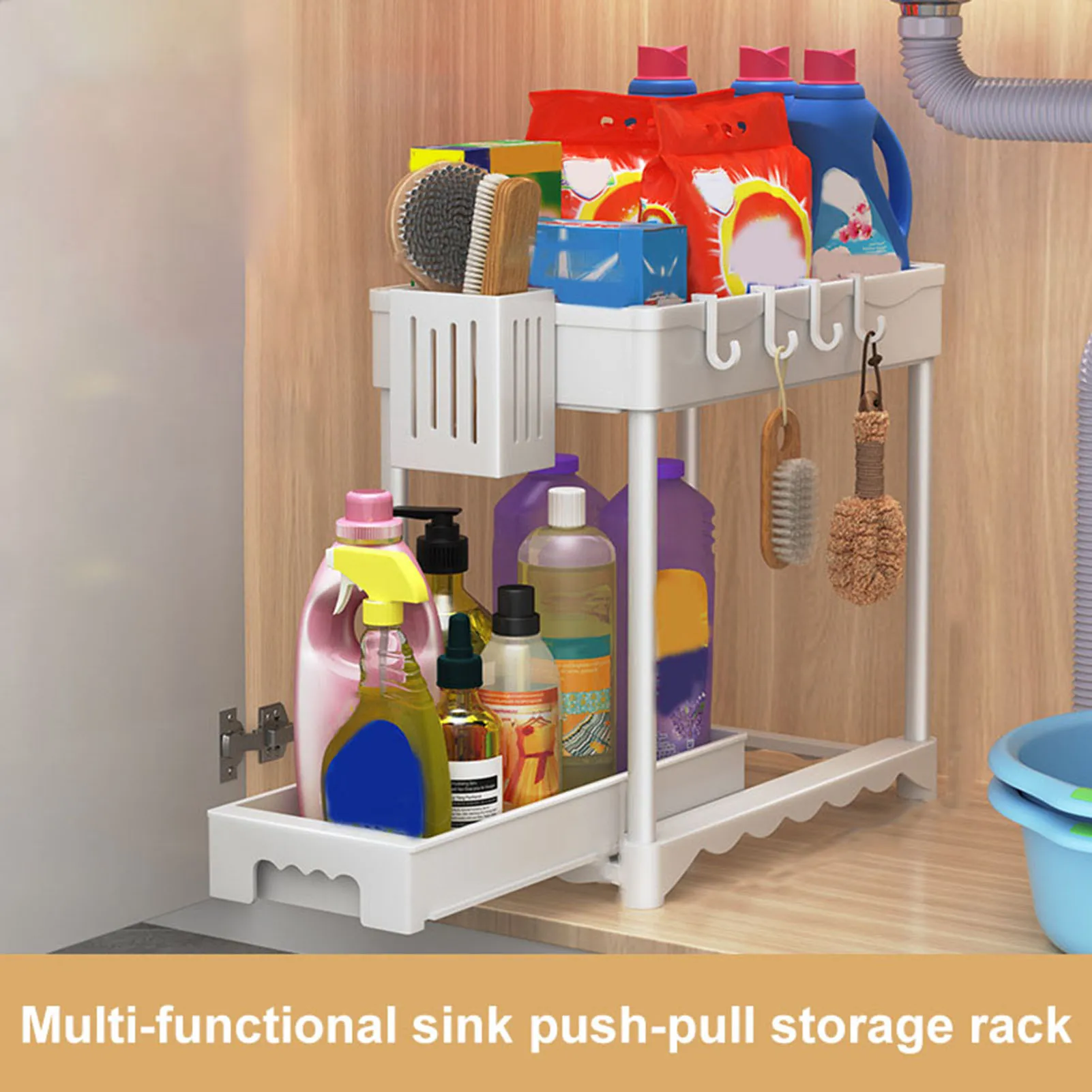 Under Sink Storage Rack Pull Out Bathroom Cabinet Organizer with Hook Storage Cylinder 2 Tier Easy Assembly Under-Sink Storage