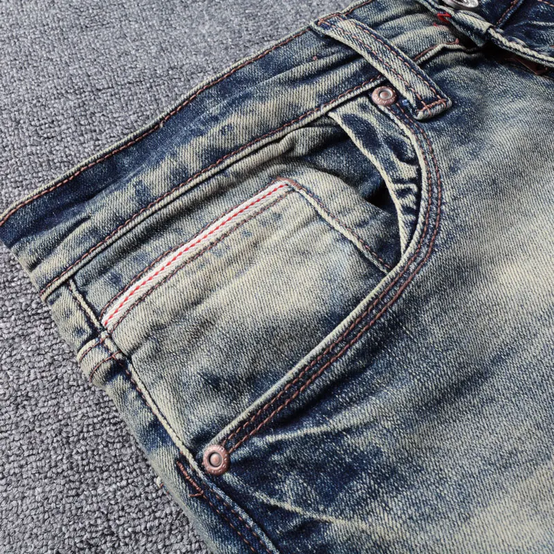 Italian Style Fashion Men Jeans Retro Washed Blue Elastic Stretch Slim Fit Ripped Jeans Men Vintage Designer Denim Pants Hombre