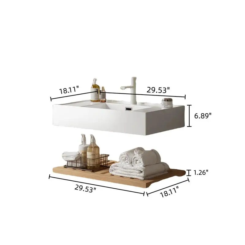 زينة حمام مقاس 30 بوصة مع حوض سفينة، حوض أكريليك أبيض عائم مثبت على الحائط، طبقة رف مخططة، حبيبات خشبية طبيعية
