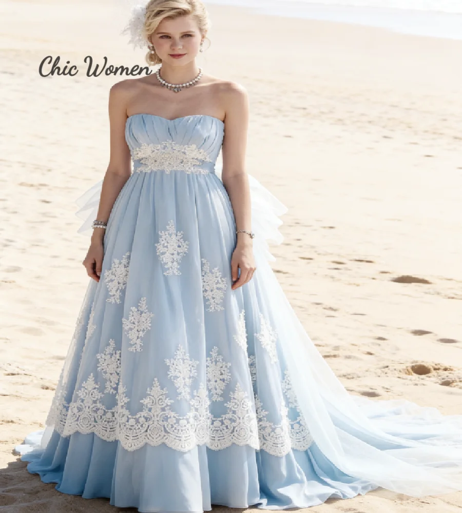 Destination Beach Ice Blue Wedding Dress Empire Waist Boho Civil Lace Bridal Gowns Sweetheart White Lace Summer Bohemian Boda