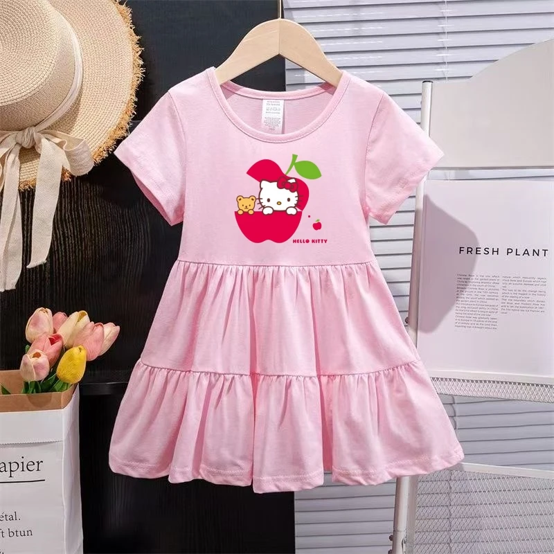 

Sanrio Summer Baby Girls Solid Cotton Dress Kid Children Hello Kitty Printed Short Sleeve Clothes Cartoon Cute Princess Dresses