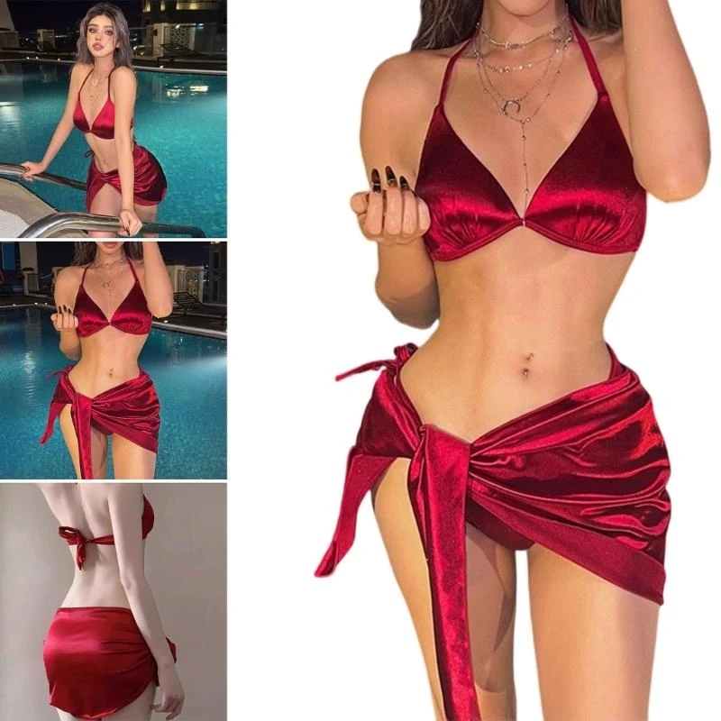 

Women Halterneck Thong Swimsuit Set Metallic Color Triangular Thong Bathing Suit Side Tie Swimwears with Beach Wrap Y08C