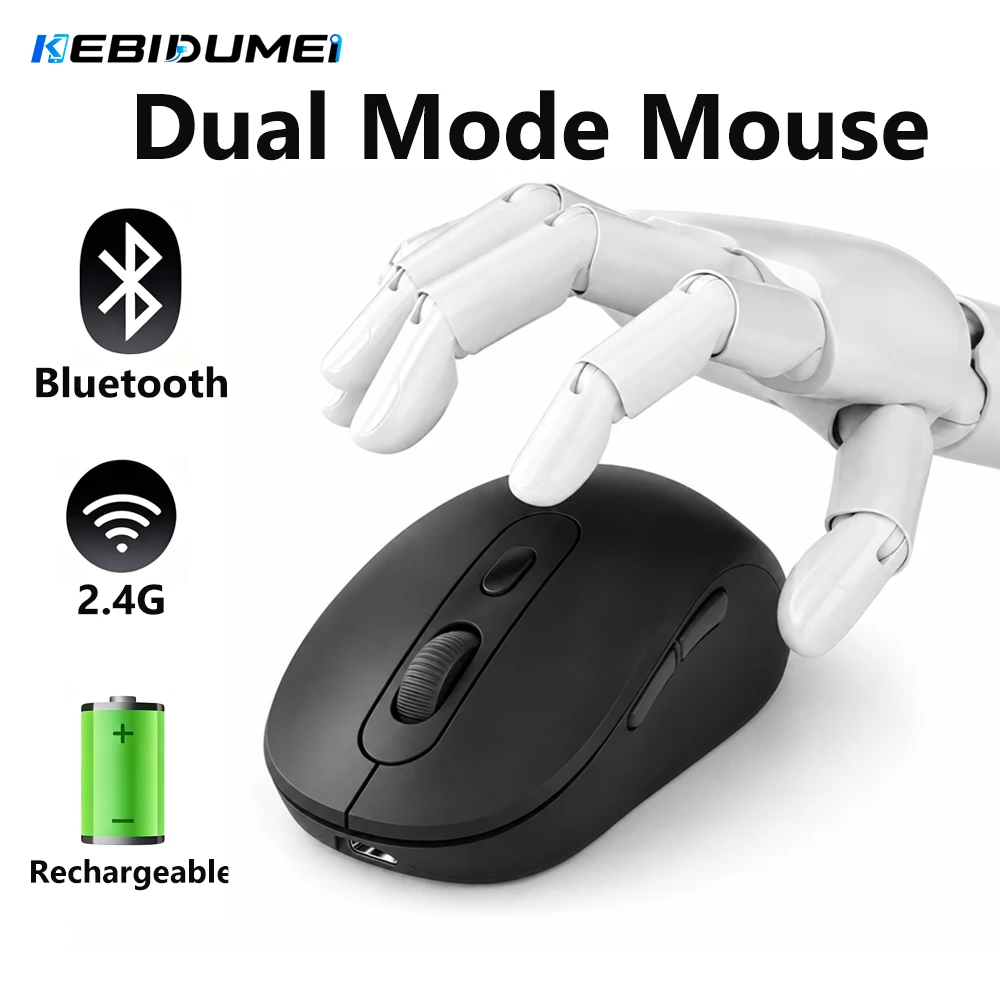 Mouse Sem Fio Bluetooth KEBIDUMEI 1600DPI Recarregável, Mouse Gamer de Modo Duplo, USB, Silencioso, Acessórios para Computador