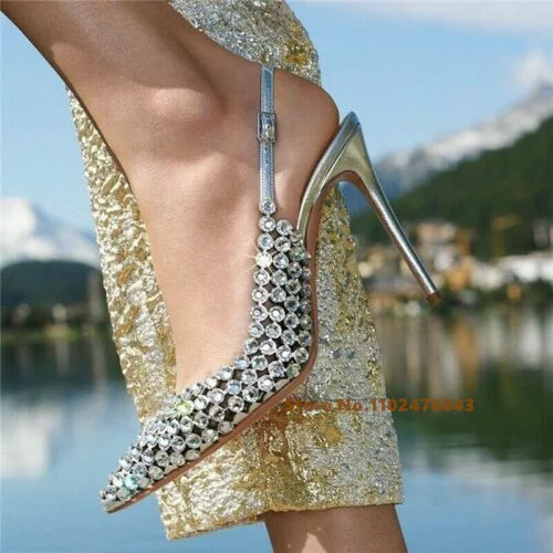 Back Strap Crystal Sandals Silver Women Pointed Toe Solid Backsling Thin High Heel Slip On Shiny Sandals Party Dress Shoes