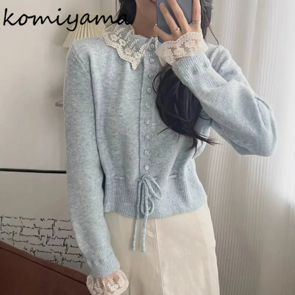 

Hook Flower Laple Cardigan Lace-up Tunic 2025 Woman Clothes Autumn New Knit Cardigans Lazy Style Sweater Full Sleeve Sueter